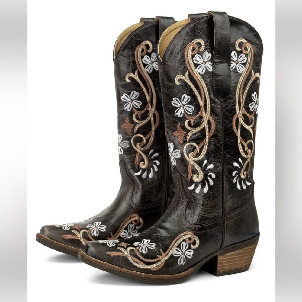 NEW Chocolate Leather Snip Toe with Flower Embroidery Cowboy Boots